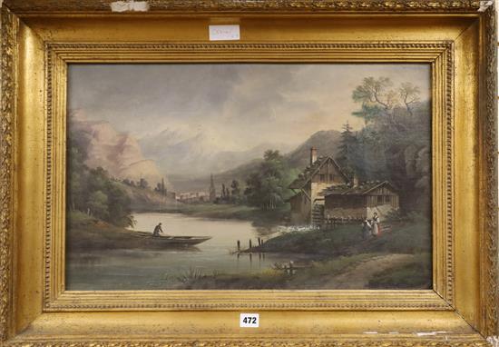 Continental School, oil on canvas, Lake scene, unsigned 38 x 62cm